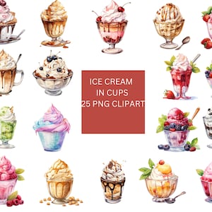 Acquerello gelato in coppe Clipart, file digitali PNG su uno sfondo trasparente, scrapbook, uso commerciale, download istantaneo