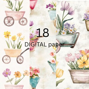 Digitale papierbundel bloemenkar - achtergronden bloemenkarren, lente-scrapbookpakket - 18 vel