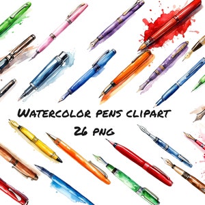 Può includere: Clipart ad acquerello di 26 penne colorate con pennini. Le penne sono disposte in diagonale su uno sfondo bianco con schizzi di acquerello.