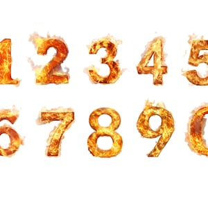 Feuer Zahlen Aquarell Clipart, Zahlen Clipart, PNG einzelne Bilder auf transparentem Hintergrund, Sublimation