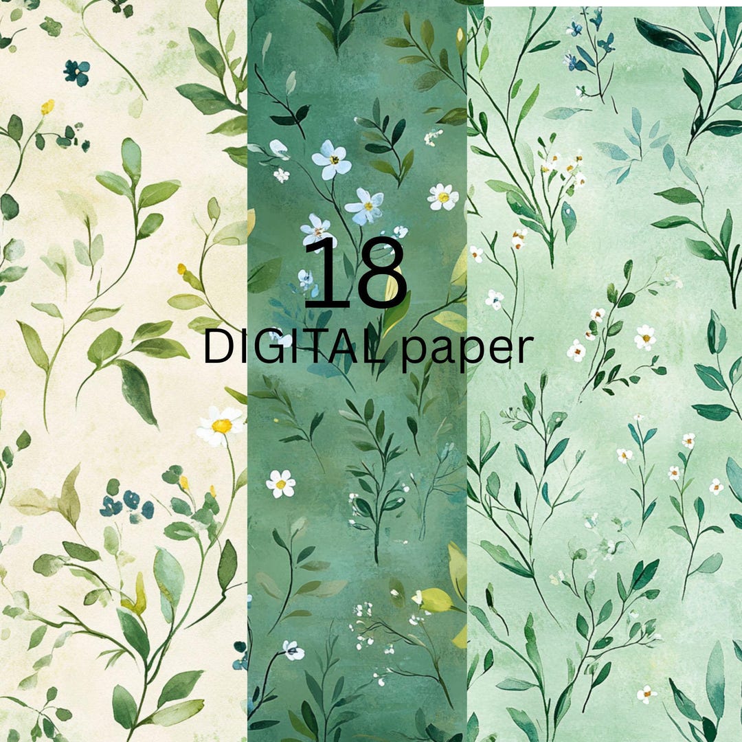 Greenery Floral Digital Paper Bundle, Botanical Backgrounds, Leaves ...
