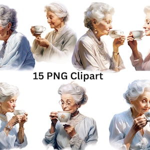 お茶を飲む年配の女性 15 枚のクリップアート、透明な背景の PNG 個別画像、昇華、商用利用