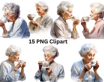 15 Senior Women Drinking Tea  Clipart, PNG individual images on transparent background, sublimation, commercial use