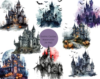 Watercolor Gothic Castles Clipart, Dark Castles PNG individual images on transparent background, sublimation, commercial use
