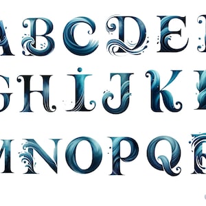 Clipart alphabet océan, haute qualité, clipart, 12 x 12, usage commercial, fichiers numériques PNG sur fond transparent, téléchargement immédiat