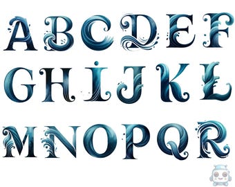 Könnte beinhalten: Ein Alphabet, bei dem jeder Buchstabe aus blauen Ozeanwellen gebildet wird. Die Buchstaben sind mit Schwüngen und Locken verziert.