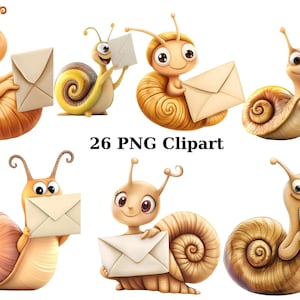 26 cliparts aquarelle drôle d'escargots, clipart fantaisiste, images individuelles PNG sur fond transparent, sublimation