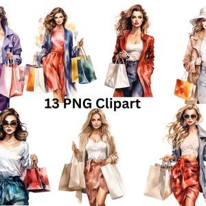 13 femmes au shopping clipart aquarelle, images individuelles PNG sur fond transparent, sublimation, usage commercial