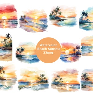 Watercolor Beach Sunsets Clipart, digital graphics for commercial use instant download commercial use