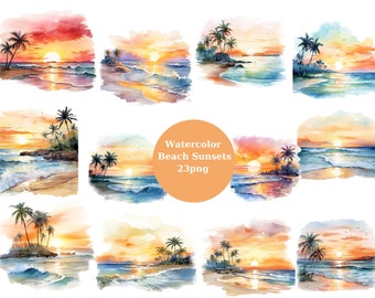 Clipart di tramonti sulla spiaggia dell'acquerello, grafica digitale per uso commerciale download istantaneo per uso commerciale