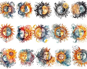 Sun and Moon Bundle, 15 beautiful PNG images, transparent background, watercolour, clipart, high quality, 12x12, commercial use