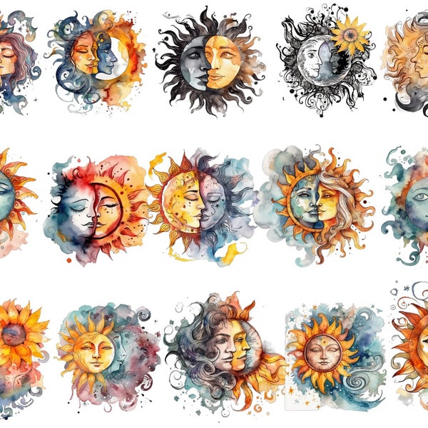 Sun and Moon Bundle, 15 belles images PNG, fond transparent, aquarelle, clipart, haute qualité, 12 x 12, utilisation commerciale