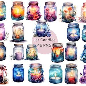 Clipart di candele in vaso dell'acquerello, file digitali PNG su uno sfondo trasparente, album di ritagli, inviti