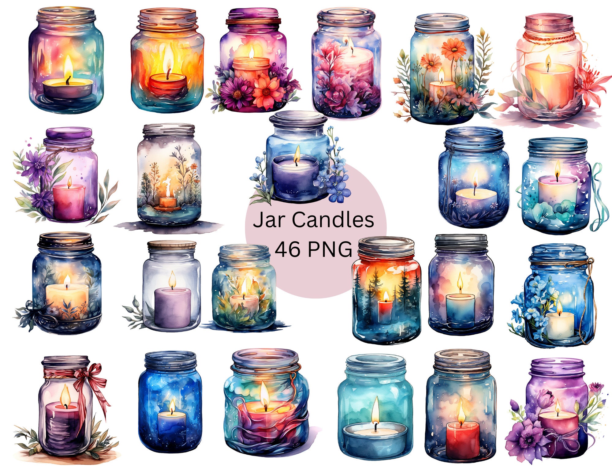 Watercolor Jar Candles Clipart, PNG digital files on a transparent background, scrapbook, invitations