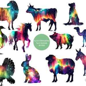 Aurora Silhouettes Clipart, Farm Animals PNG individual images on transparent background, sublimation, commercial use