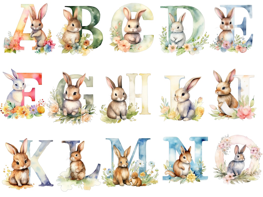 Watercolor Rabbit Alphabet Clipart, Transparent Background, High ...