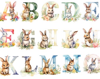 Watercolor rabbit alphabet clipart,  transparent background, high quality, clipart, 12x12, commercial use