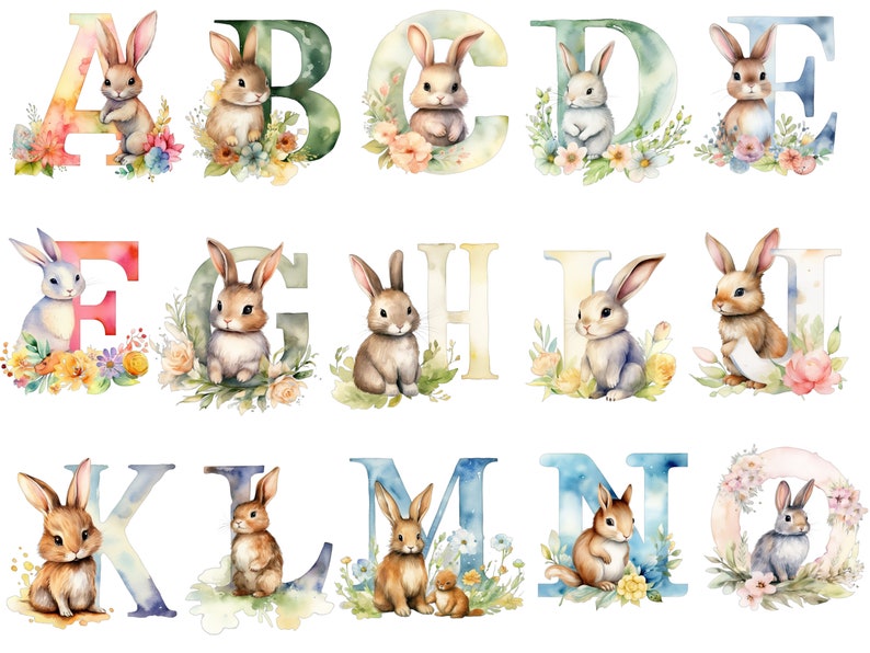 Watercolor Rabbit Alphabet Clipart Transparent Background - Etsy