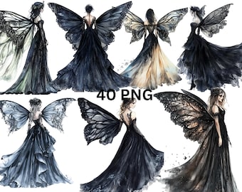 40 Dark Fairies Watercolor Clipart, PNG digital files on transparent background, sublimation, commercial use