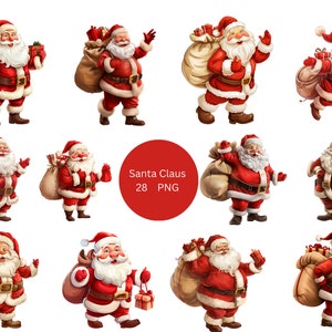 28 Santa Claus Watercolor Clipart, Christmas Clipart, PNG individual images on transparent background, sublimation, commercial use