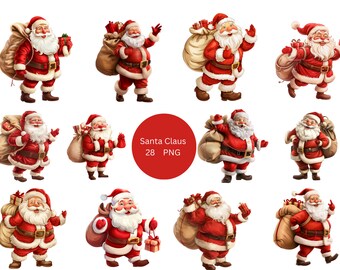 28 Santa Claus Watercolor Clipart, Christmas Clipart, PNG individual images on transparent background, sublimation, commercial use