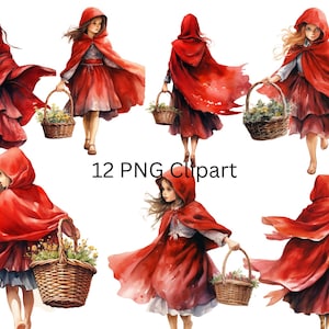 12 Rotkäppchen Aquarell Clipart, PNG einzelne Bilder auf transparentem Hintergrund, Sublimation, kommerzielle Nutzung