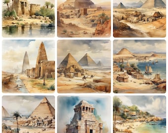 May include: A watercolor painting of nine different scenes depicting ancient Egyptian pyramids and temples. The scenes are painted in warm tones of brown, yellow, and orange, with a few touches of green and blue. The painting is a beautiful and evocative depiction of ancient Egypt.