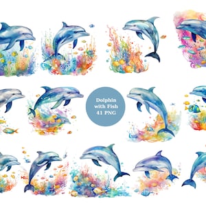 41 dolfijnen met vis aquarel clipart, oceaan clipart, individuele PNG-afbeeldingen op transparante achtergrond, sublimatie