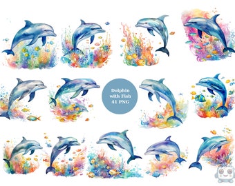 41 Dolphins with Fish Watercolor Clipart, Ocean Clipart, PNG individual images on transparent background, sublimation