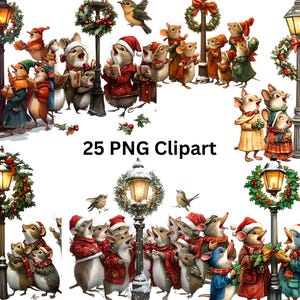 25 topi che cantano Carols Clipart, Clipart di Natale, singole immagini PNG su sfondo trasparente, sublimazione