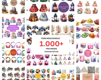 May include: A collage of watercolour illustrations featuring various items, including vintage trains, fantasy lanterns, sombreros, presents, headphones, ATVs, love potions, dice, toys, and roof tiles. The text "ITEMS MEGA BUNDLE! 1.000+ PNG IMAGES Commercial Use" is displayed in the centre of the image.