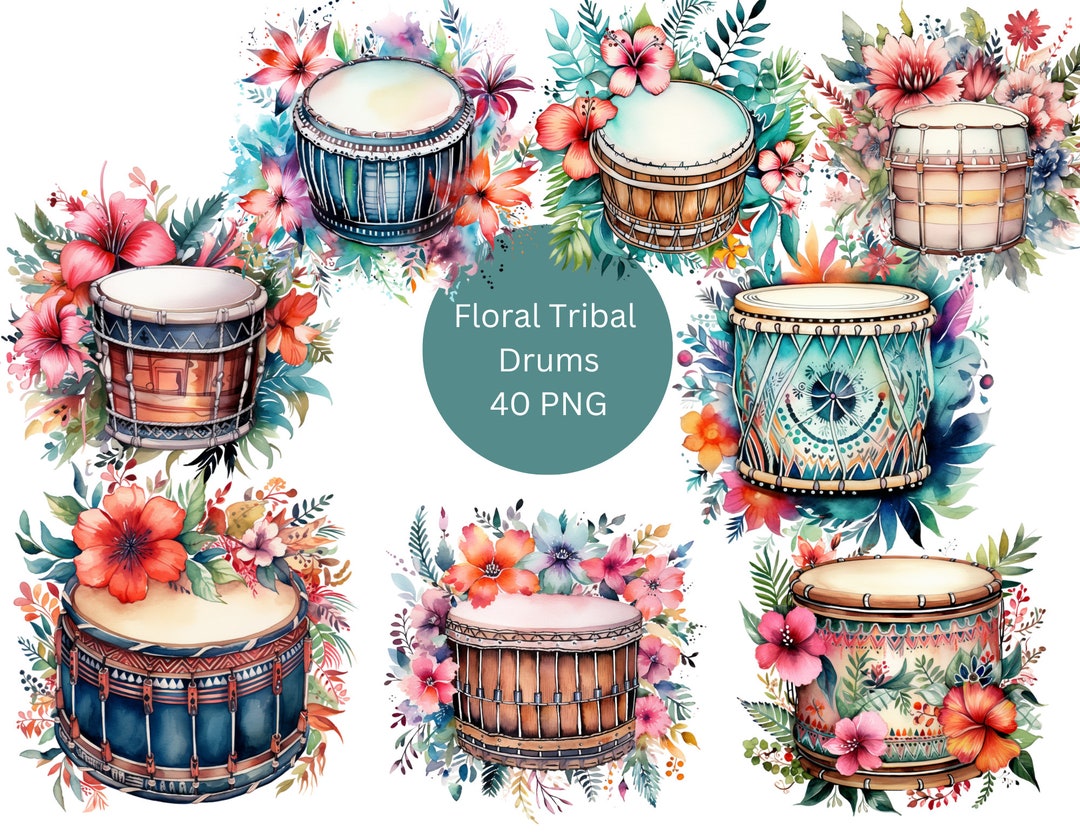 Watercolor Floral Tribal Drums Clipart, PNG Digital Files on