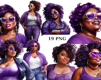 19 Curvy Black Women in Purple Clipart, Fashion Clipart, Women of Color, PNG individual images on transparent background
