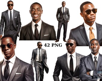 42 Black Businessmen Watercolor Clipart, People Clipart, Men of Color Clipart, PNG individual images on transparent background