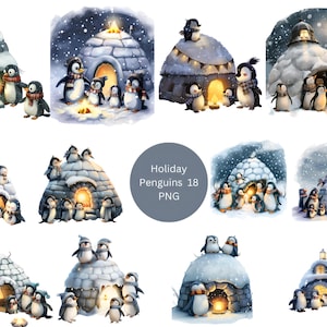 May include: A set of 18 digital illustrations featuring penguins in various poses, some standing, some sitting, and some holding presents. The penguins are all wearing festive hats and scarves and are standing in front of igloos. The illustrations are perfect for creating holiday cards, invitations, or other festive projects.