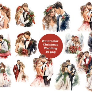 Watercolor Christmas Wedding, Clipart, PNG digital files, flowers, butterflies, scrapbook, invitations, commercial use