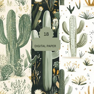 May include: A digital paper pack with 18 seamless patterns featuring green and gold cacti on a white and black background. The text "18 DIGITAL PAPER" is in a gold starburst shape.