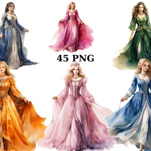 Aquarela 45 Royal Medieval Woman Clipart, arquivos digitais PNG em fundo transparente, sublimação, uso comercial