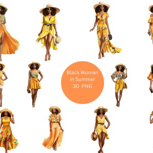 30 Black Women in Summer Watercolor Clipart, Women of Color Clipart, PNG individual images on transparent background, sublimation