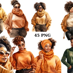 45 cliparts femmes noires bien roulées, femmes de couleur, vibrations d'automne, clipart mode automne, images individuelles PNG sur fond transparent
