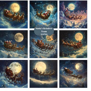 14 Clipart da equipe de renas do Papai Noel, clipart de Natal, imagens individuais PNG em fundo transparente, sublimação