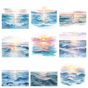 K&ouml;nnte beinhalten: Neun Aquarellbilder von Meereslandschaften mit Sonnenunterg&auml;ngen. Jedes Bild zeigt eine andere Ansicht des Ozeans mit Wellen und einem Sonnenuntergang im Hintergrund.