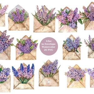Watercolor Lilac Envelope, Vintage Envelope Clipart, PNG digital files on transparent background, sublimation, commercial use