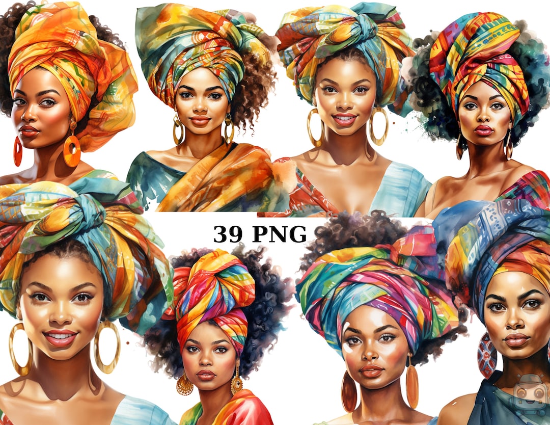 39 Black Women With Colorful Headwraps Watercolor Clipart, Women of ...