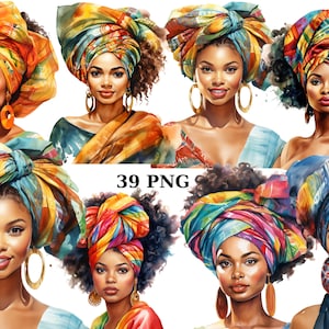 Images individuelles de 39 femmes noires avec des turbans colorés aquarelle, clipart femmes de couleur, clipart personnes, PNG