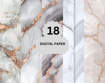 Paquete de papel digital mármol: elegantes texturas en oro rosa y gris para álbumes de recortes, invitaciones, decoración mural y marca.