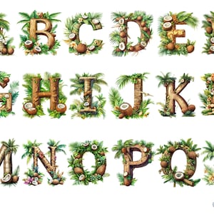 Clipart alphabet tropical à la noix de coco - palmiers et lettres Island Vibes PNG, images individuelles sur fond transparent, sublimation