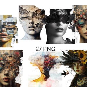Conjunto de imágenes prediseñadas de arte de retrato abstracto: 27 ilustraciones PNG de rostros surrealistas y técnicas mixtas texturizadas, imágenes PNG sobre fondo transparente