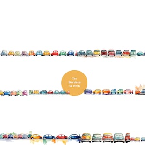 36 車のボーダー水彩クリップアート、ボーダー クリップアート、透明な背景の PNG 個別画像、昇華