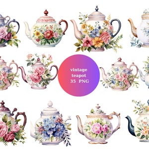 35 Vintage Teapots Watercolor Clipart, Vintage Clipart, PNG individual images on transparent background, sublimation